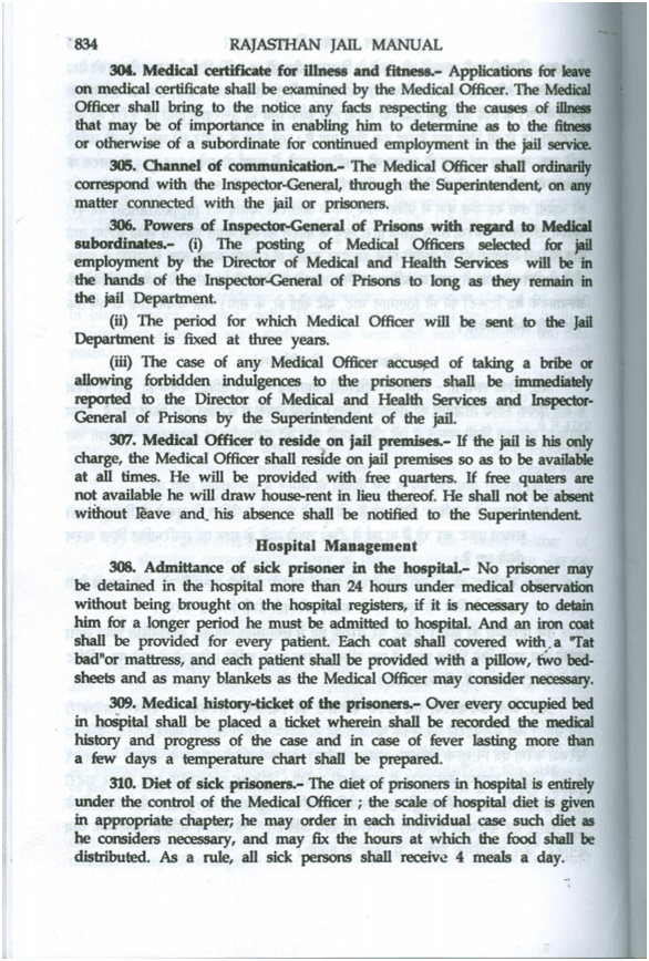 Screenshot of the Rajasthan Jail Manual for hospital management