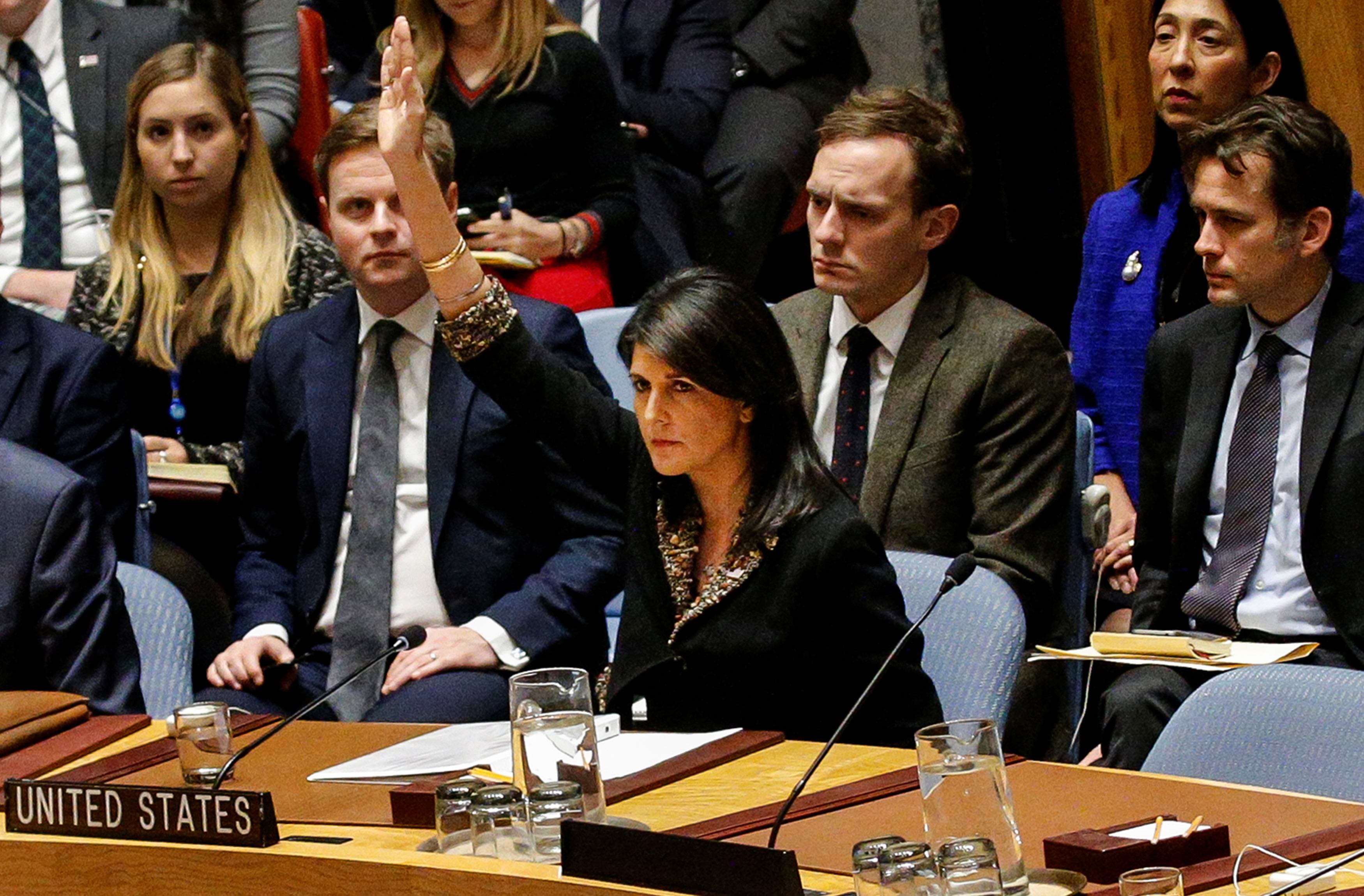 US ambassador to the United Nations Nikki Haley vetos an Egyptian-drafted resolution regarding recent decisions concerning the status of Jerusalem, during the United Nations Security Council meeting on the situation in the Middle East, including Palestine, at U.N. Headquarters in New York City, New York, US, December 18, 2017. Credit: Reuters/Brendan McDermid/Files