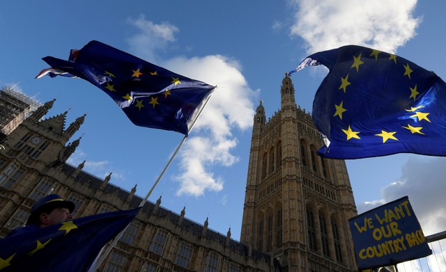 An anti-Brexit protestor flies flags near the Houses of Parliament in London, Britain, December 8, 2017. Credit: Reuters/Toby Melville