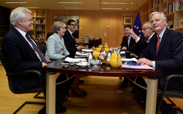 (L to R) Britain's Secretary of State for Exiting the European Union David Davis, Britain's Prime Minister Theresa May, European Commission President Jean-Claude Juncker and European Union's chief Brexit negotiator Michel Barnier meet at the European Commission in Brussels, Belgium, December 8, 2017. Credit: Reuters/Eric Vidal