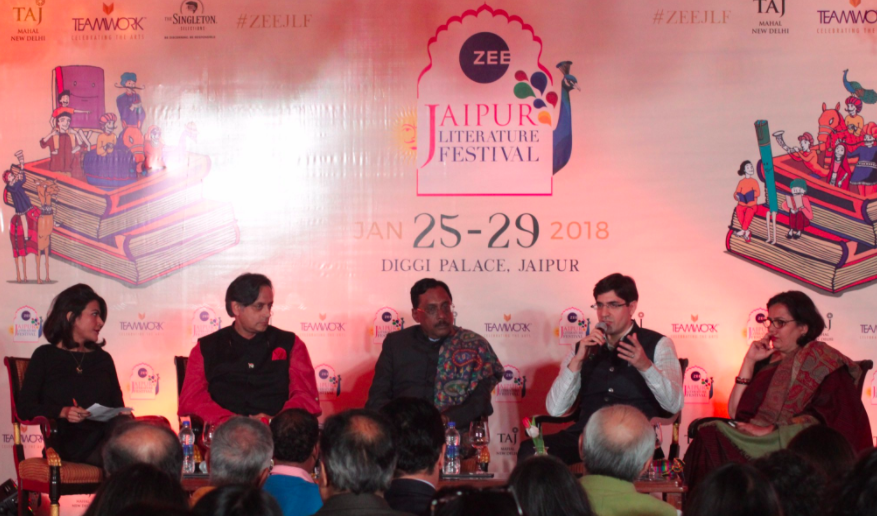 From left: Pragya Tiwari, Shashi Tharoor, Pawan Verma, Akhil Sibal and Rakshanda Jalil. Credit: Twitter/@ZEEJLF