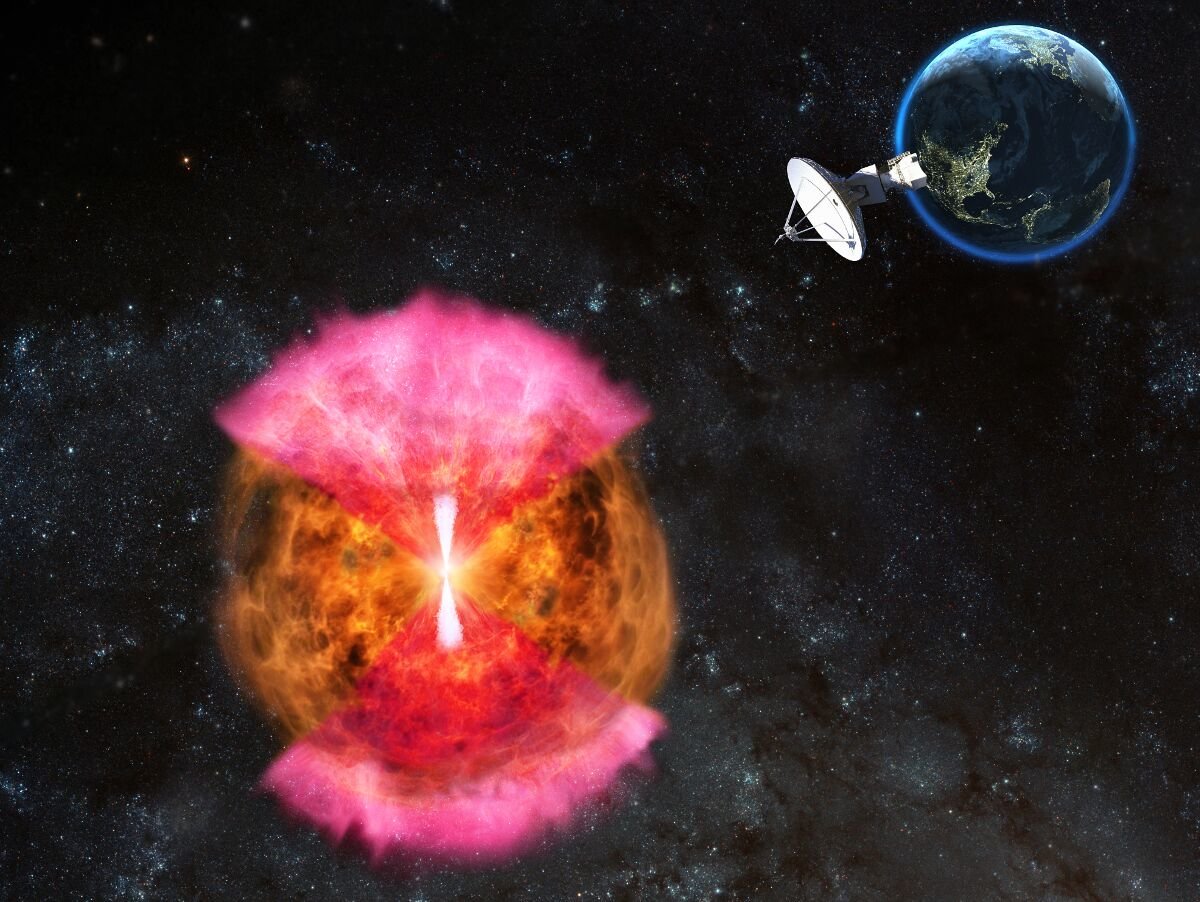 A hidden or 'choked' jet (white) powers a radio-emitting 'cocoon' (pink). Credit: NRAO/AUI/NSF: D. Berr