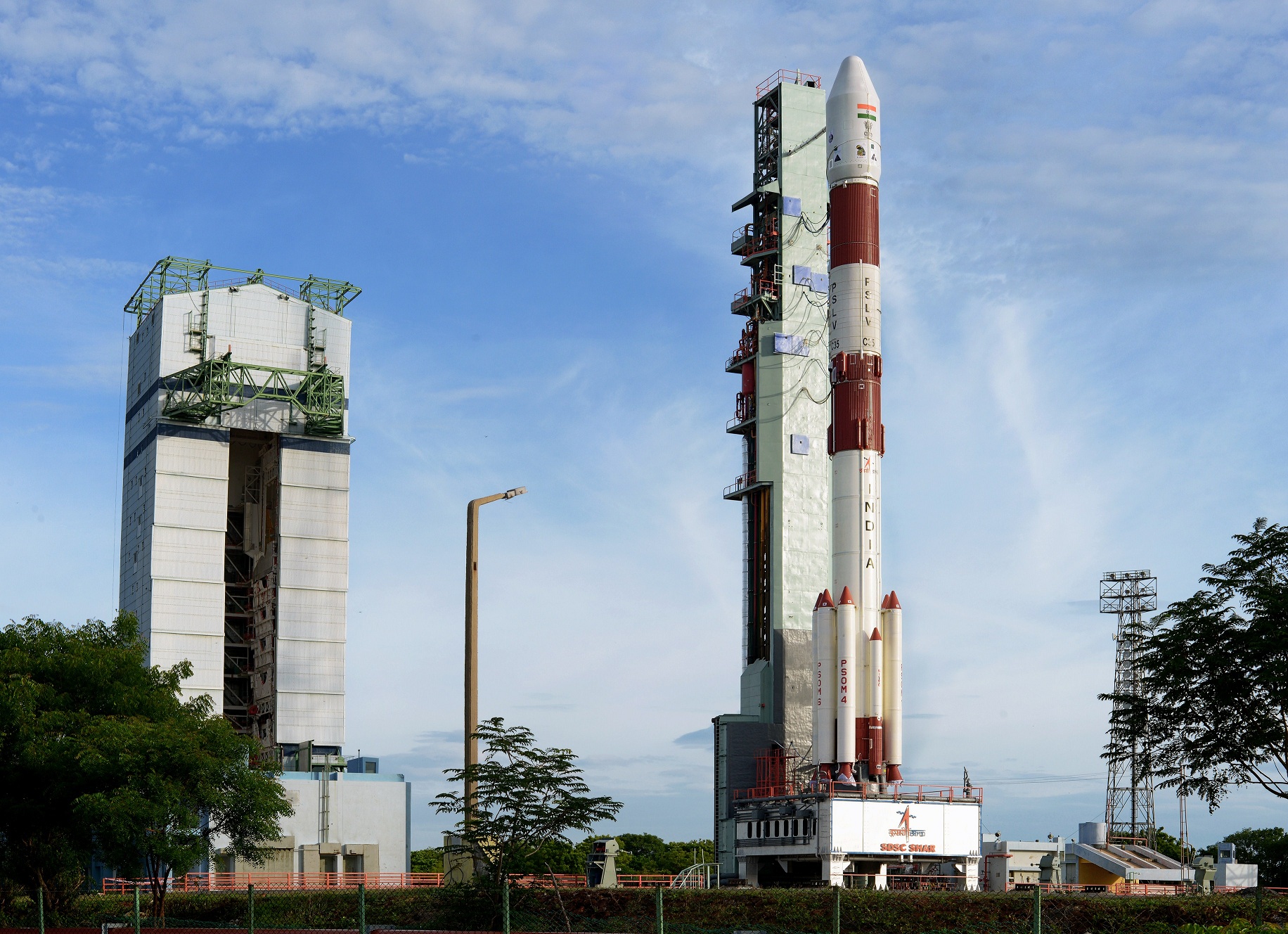 A PSLV rocket at the first launchpad at SHAR, ahead of its C35 mission in September 2016. Credit: ISRO