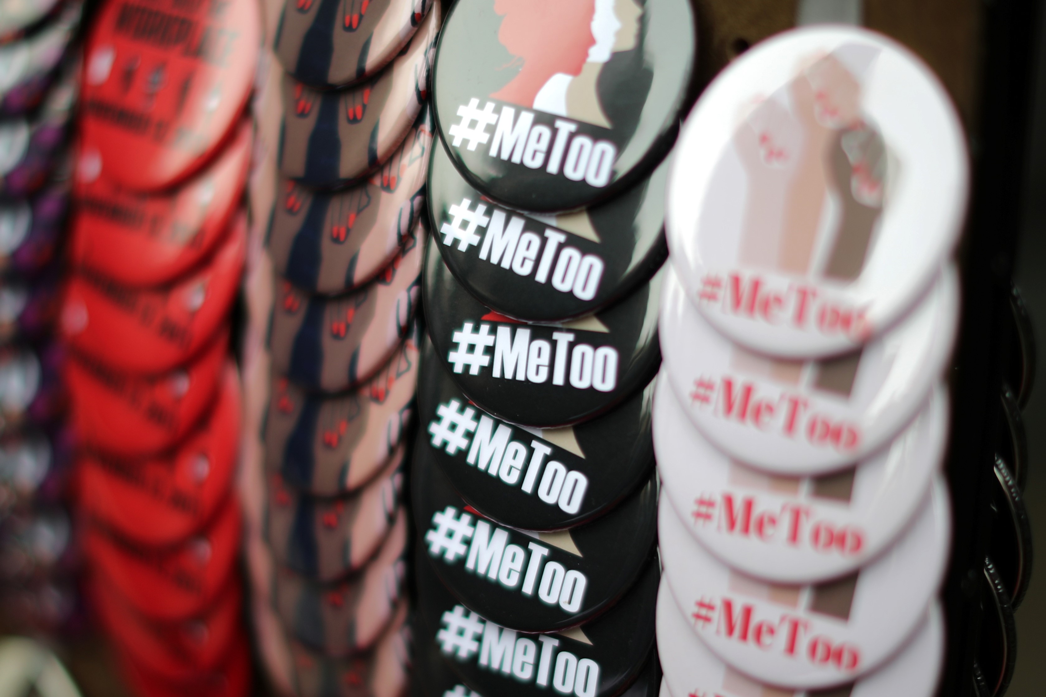 A vendor sells #MeToo badges a protest march for survivors of sexual assault and their supporters in Hollywood, Los Angeles, California US November 12, 2017.Credit: Reuters/Lucy Nicholson