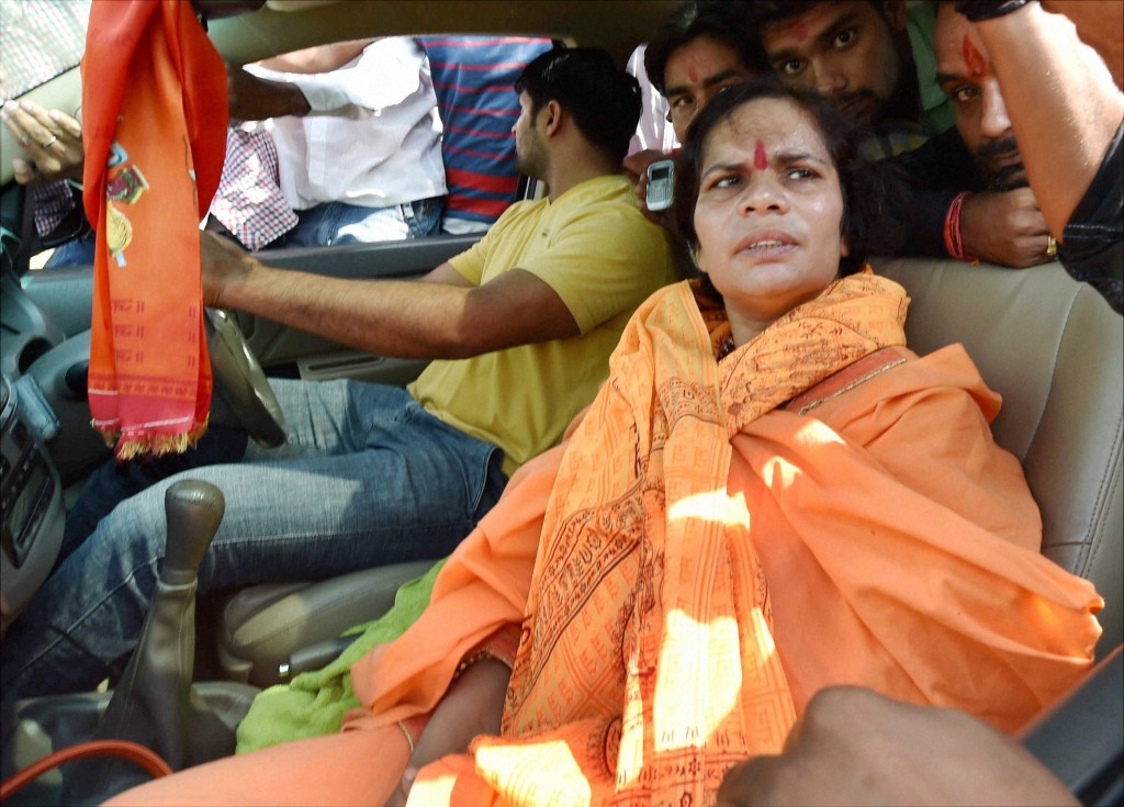 Sadhvi Prachi in Bisara village where Mohammad Akhlaq was lynched by a mob for allegedly having beef, in Dadri on Wednesday. Credit: PTI Photo by Kamal Sing(