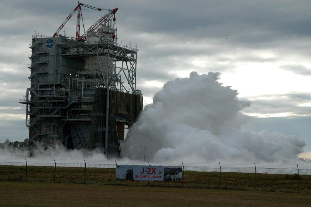 NASA conducted a successful 500-second test firing of the J-2X rocket engine on November 9, 2011, marking another important step in development of an upper stage for the heavy-lift Space Launch System. Credit: nasamarshall/Flickr, CC BY-NC 2.0
