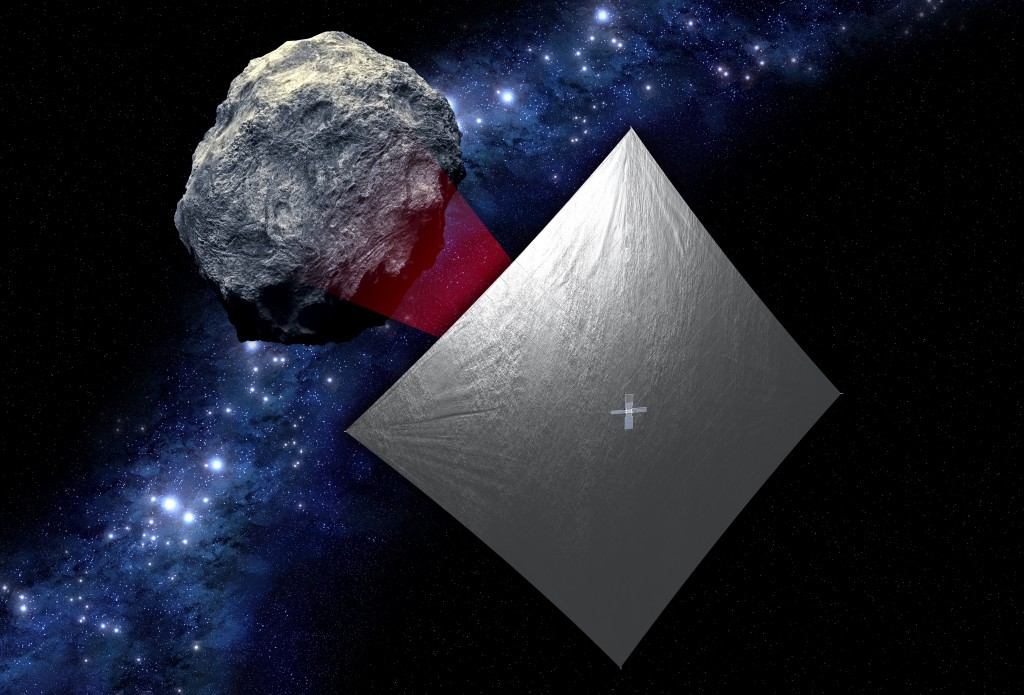 An artist's impression of an unfurled NEA Scout photographing 1991VG. Credit: NASA