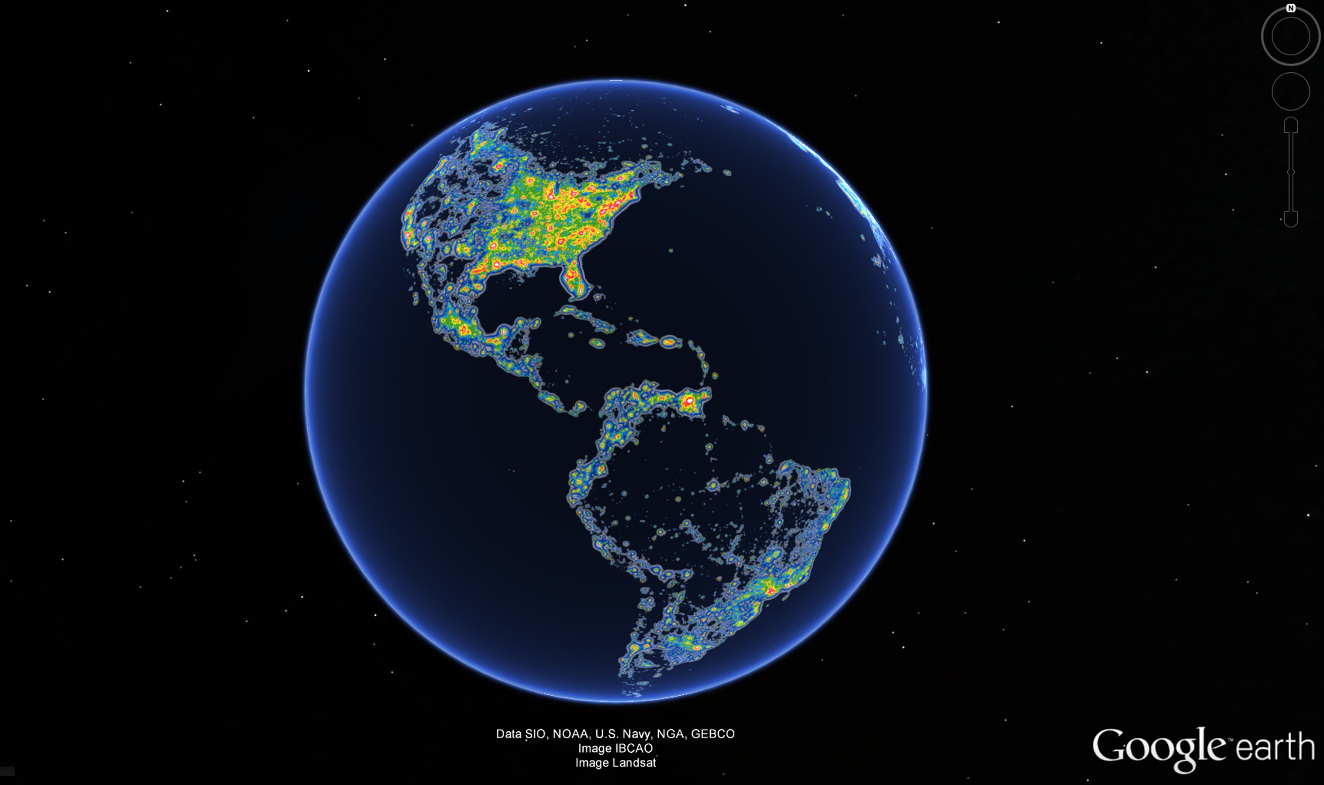 The Americas in the New World Atlas of Artificial Sky Brightness, as seen in Google Earth. Source: Science