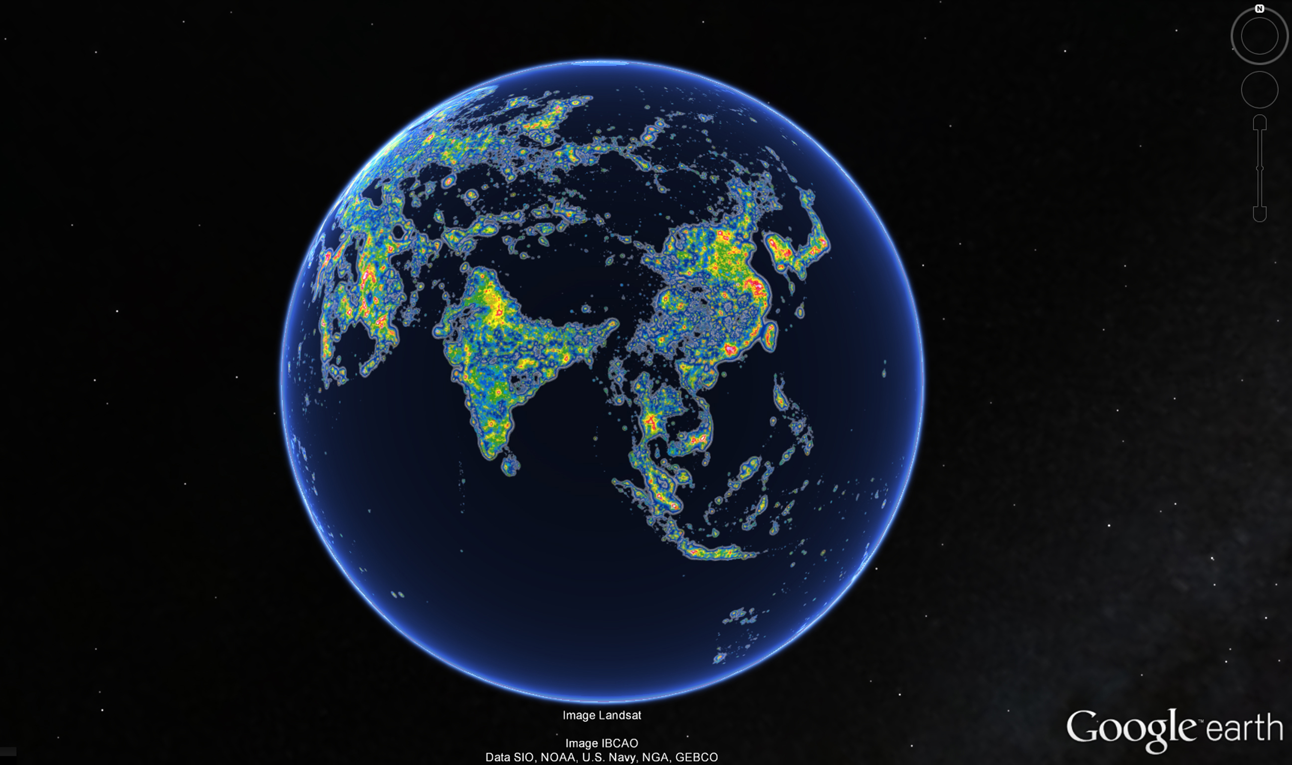 Asia in the New World Atlas of Artificial Sky Brightness, as seen in Google Earth. Source: Science