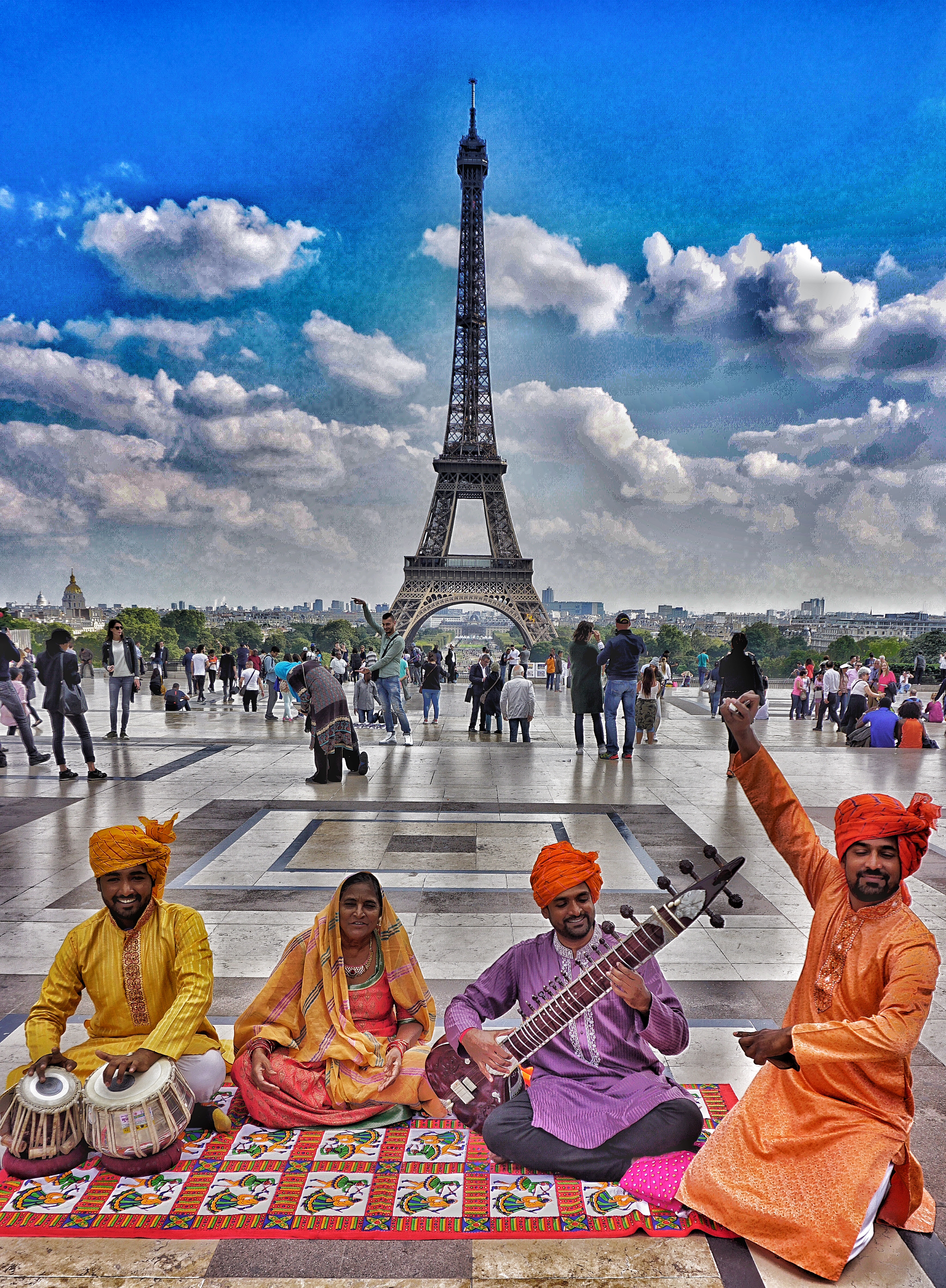 Anwar Hussain, with the sitar, came to Paris for a performance. He never left. Together with his brothers and his mother, they perform a Rajasthani folk repertoire across Europe. His mother was the first female singer in their community from Rajasthan. Credit: Shome Basu