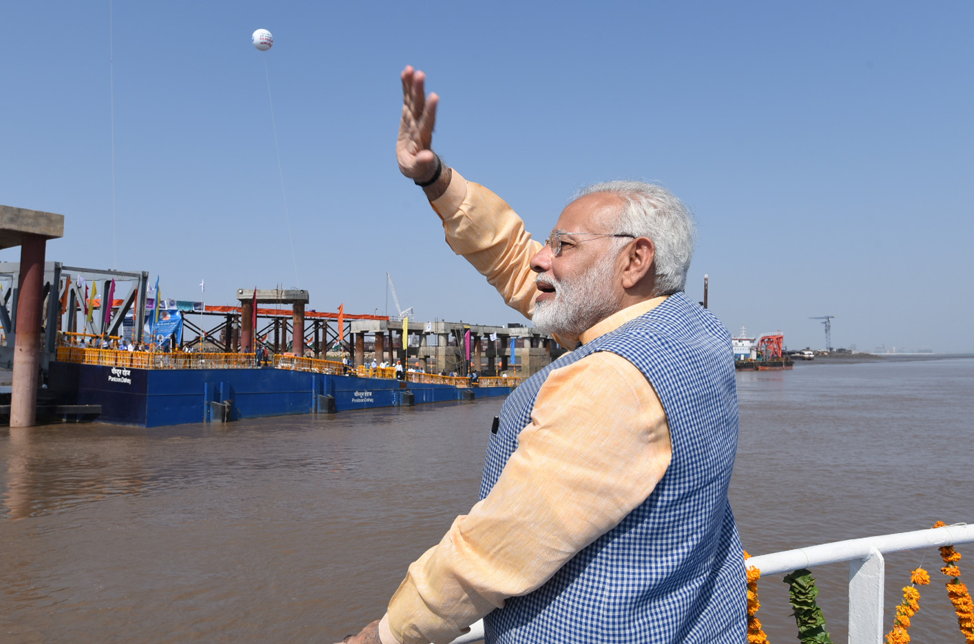 Prime Minister Narendra Modi on the maiden voyage of Ro-Ro Ferry Service between Ghogha and Dahej, in Gujarat on October 22, 2017. Credit: PIB