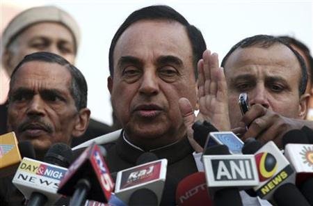 Janata Party president Subramanian Swamy, who brought the petition to revoke the telecom licences issued in 2008, speaks with the media after a verdict outside the Supreme Court in New Delhi February 2, 2012. Credit: Reuters