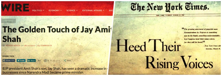 Left: The Wire's article 'The Golden Touch of Jay Amit Shah'. The New York Times' advertisement 'Heed Their Rising Voices'. Credit: The Wire/Wikipedia