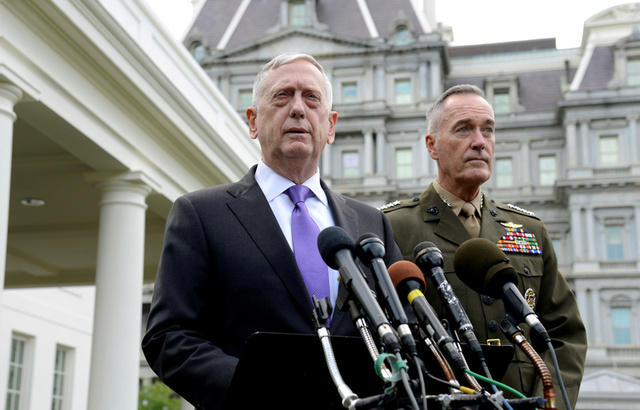 Secretary of Defense James Mattis (L) makes a statement outside the West Wing of the White House in response to North Korea's latest nuclear testing, as Chairman of the Joint Chiefs of Staff Gen. Joseph Dunford listens, in Washington, U.S., September 3, 2017. Credit: Reuters