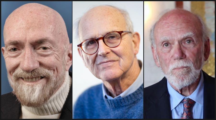 L-R: Kip Thorne (credit: LIGO Lab/Caltech), Rainer Weiss (credit: IAU, CC BY 4.0) and Barry Barish (source: YouTube)