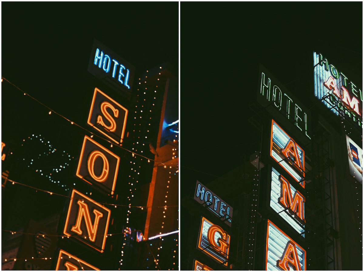 Horizontal signs with double lined letters are a common way of using neon in Paharganj. (Left) Using electrodes, when electricity is passed through a glass tube with neon gas, it glows into a bright red colour. To get the colour blue, glass tubes are filled with argon, for all other colours, the inside of the glass is coated with fluorescent powder. For instance, to get the colour pink, a glass tube will be coated with blue fluorescent powder. (Right)