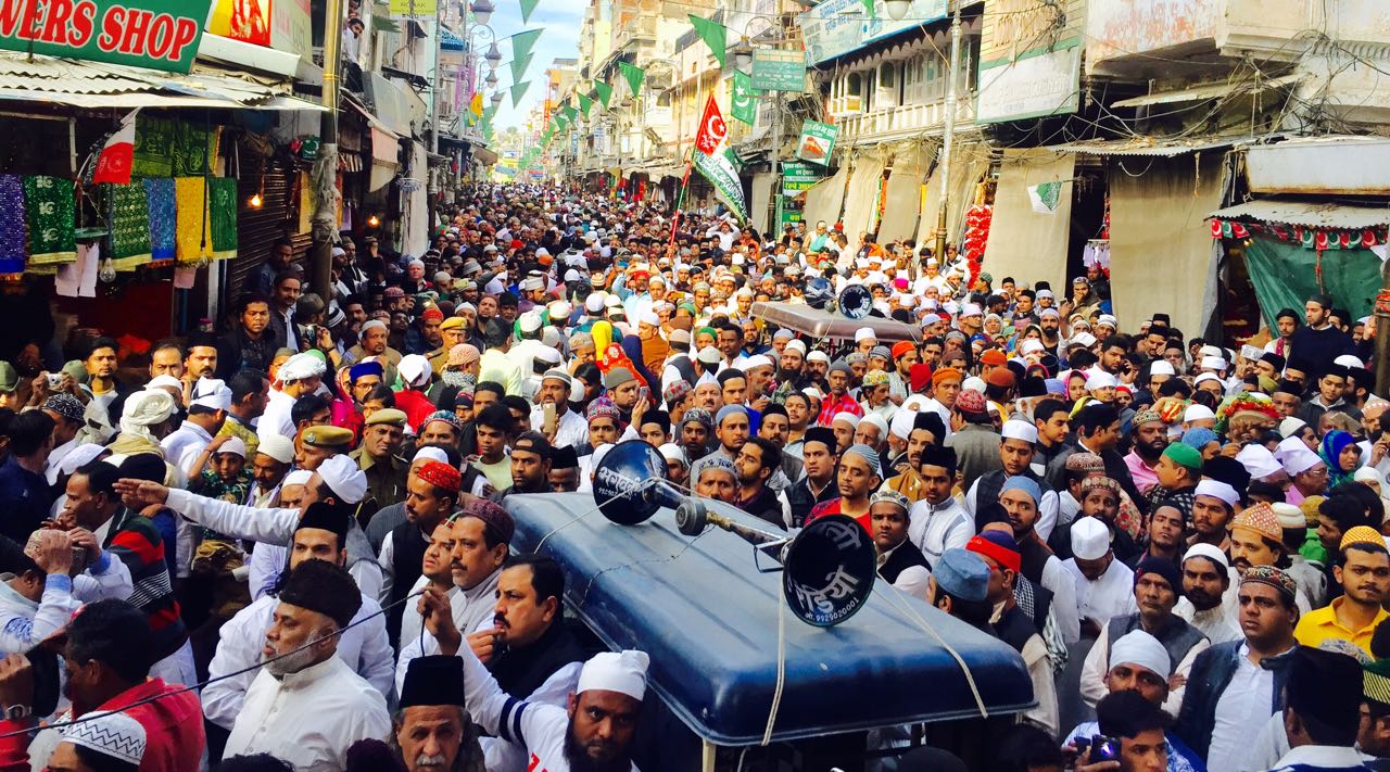 Khadims and locals protest against Shiv Sena Hindustan in Dargah Bazar, Ajmer. Credit: Aadil Raza Khan