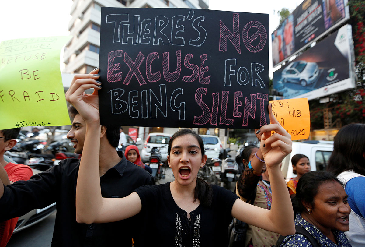 A woman shouts slogans as she takes part in the #IWillGoOut rally, to show solidarity with the Women's March in Washington, in Ahmedabad, India. Credit: Amit Dave/Reuters