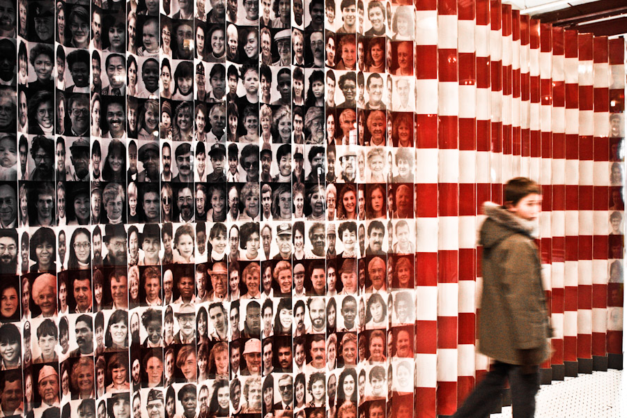 This installation at the Ellis Island Museum of Immigration displays the US flag from one angle and if you move to the other side, the flag’s made up of photographs of immigrants to the US. Credit: Gerson Galang/Flickr CC BY-ND 2.0