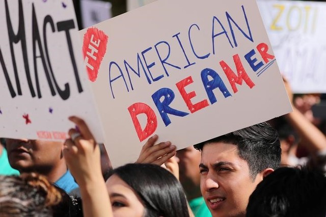 Students gather in support of DACA (Deferred Action for Childhood Arrivals) at the University of California Irvine Student Center in Irvine, California, US, October 11, 2017. Credit: Reuters/Mike Blake/Files