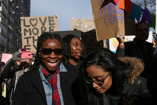 People take part in the Women's March in Manhattan in New York City, New York, US, January 20, 2018. Credit: Reuters/Gabriela Bhaskar
