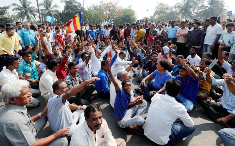 Members of the Dalit community shout slogans as they block a highway during protests in Mumbai, India, January 3, 2018. Credit: Reuters/Danish Siddiqui