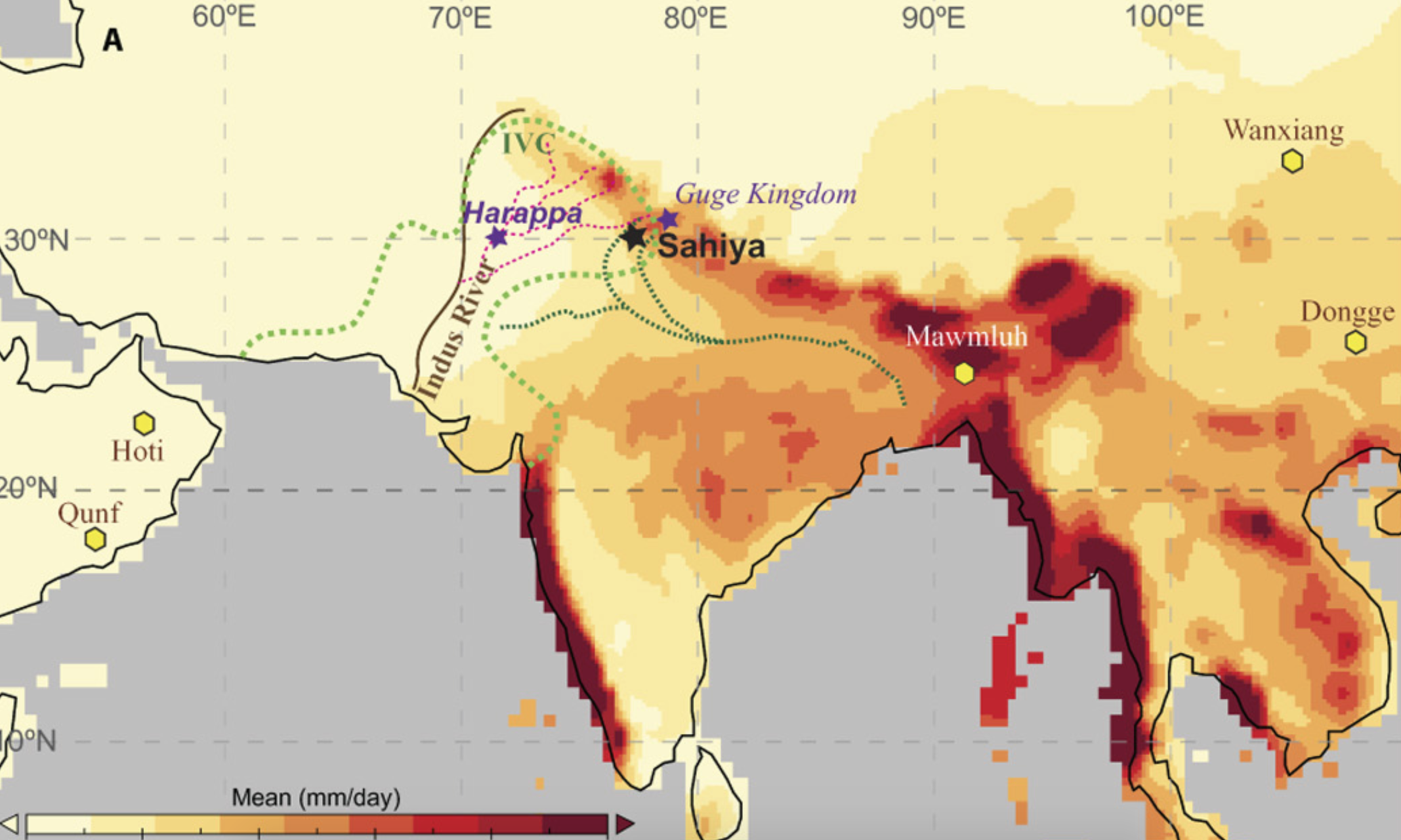 The spatial extent of the Indus valley civilisation (~5,300 to 3,300 years before present) is marked by dotted green lines along with the Indus river (brown line). Shading indicates the spatial pattern of June-to-September rainfall rate (mm/day). The Sahiya cave is shown by a black star. Credit: DOI: 10.1126/sciadv.1701296