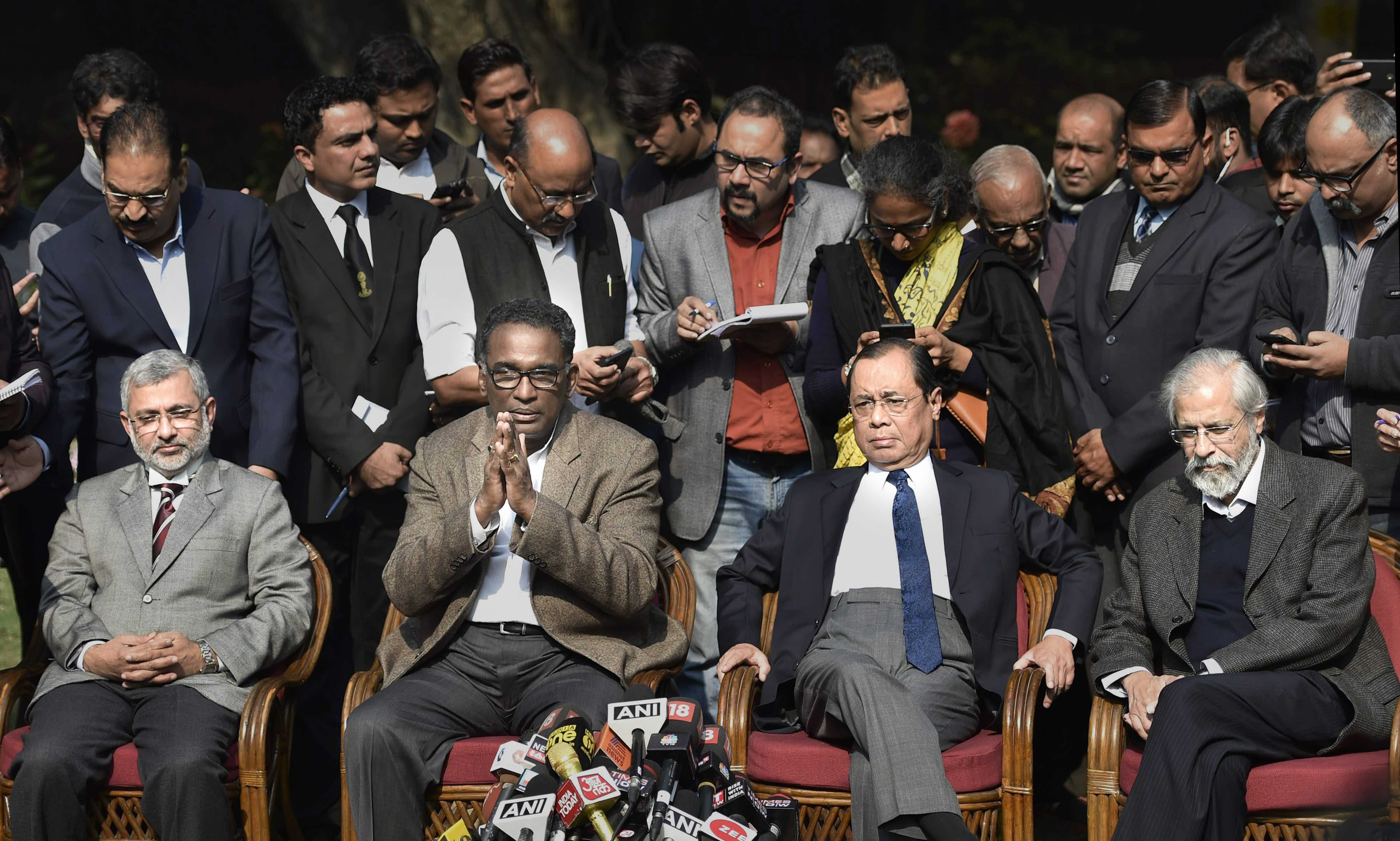 Supreme Court Justice Jasti Chelameswar along with other judges addresses a press conference in New Delhi on Friday. Credit: PTI/Ravi Choudhary