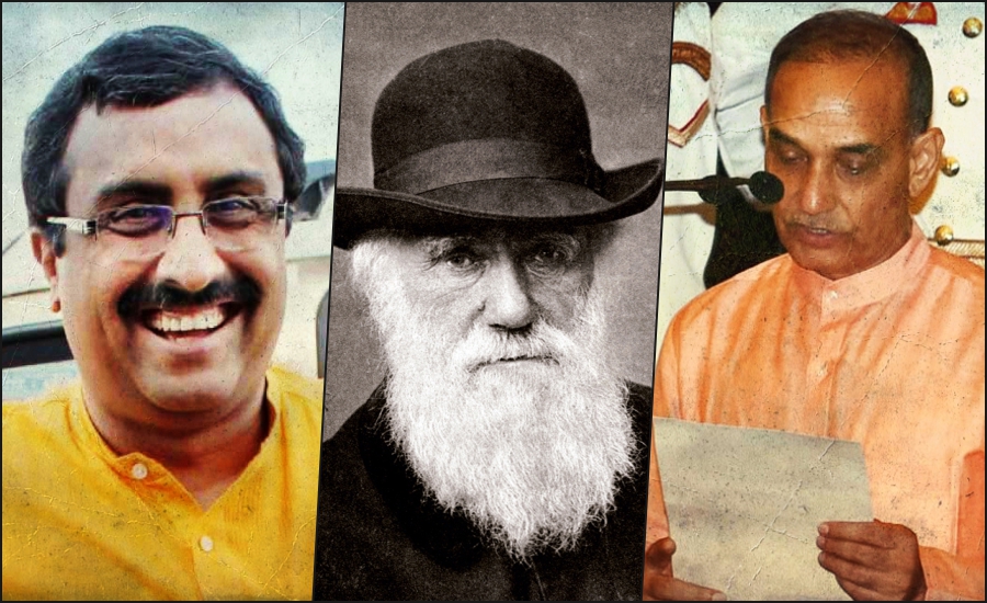 From left to right: Ram Madhav (Credit: PTI), Charles Darwin (Credit: Wikipedia Commons) and Satyapal Singh (Credit: PTI).