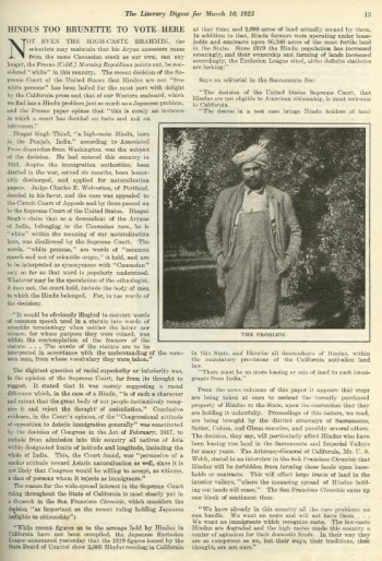 Article from March 10, 1923 issue of The Literary Digest describing the outcome of the ‘United States vs. Bhagat Singh Thind’ Supreme Court case, which barred South Asians from obtaining citizenship. Courtesy: SAADA