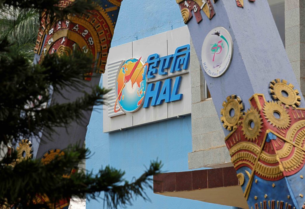 The logo of Hindustan Aeronautics Limited (HAL) is seen on the facade of the company's heritage centre in Bengaluru, March 28, 2018. Credit: Reuters/Abhishek N. Chinnappa