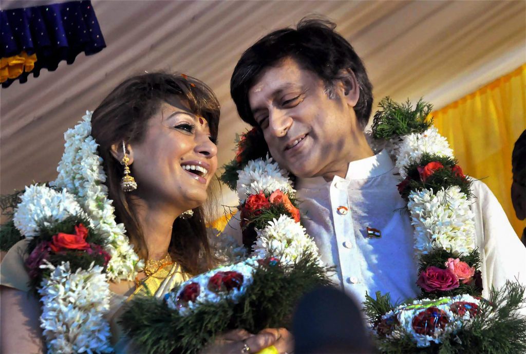 New Delhi: File photo dated August 22, 2010, shows Congress MP Shashi Tharoor with his wife Sunanda Pushkar at his ancestral home in Elavanchery village at Palakkad district of Kerala. The Delhi Police on Monday filed a charge sheet in the death of Sunanda Pushkar, in which Tharoor has been named as an accused in the case. Credit: PTI