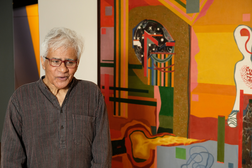 Vivan Sundaram standing next to his painting ‘May 68’ (1968). Credit: Ajay Jaiman