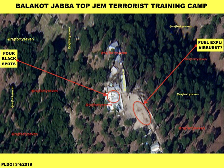 An annotated satellite image showing possible damage to the madrasa in Balakot