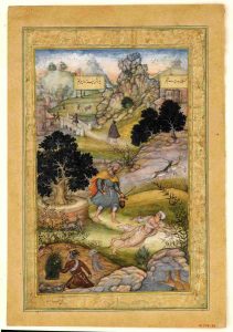 In this folio from a quintet by Amir Khusrow, a Muslim pilgrim learns a lesson in piety from a Brahman. Photo: Wikimedia Commons