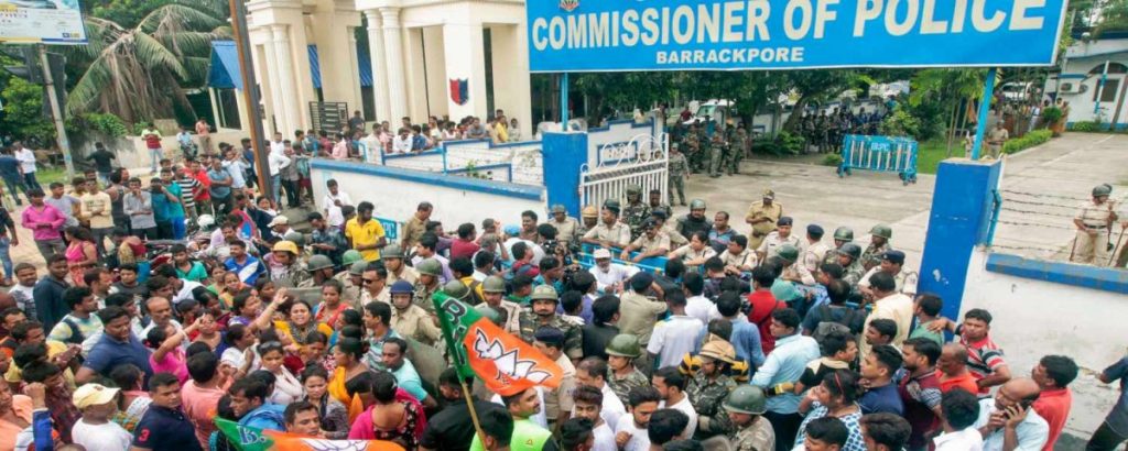 BJP activists agitate in front of the Barrackpore office Commissioner of Police, in North 24 Pargana on June 21. Two people were killed and three others suffered severe injuries in clashes between BJP and TMC workers in the Bengal town. PTI
