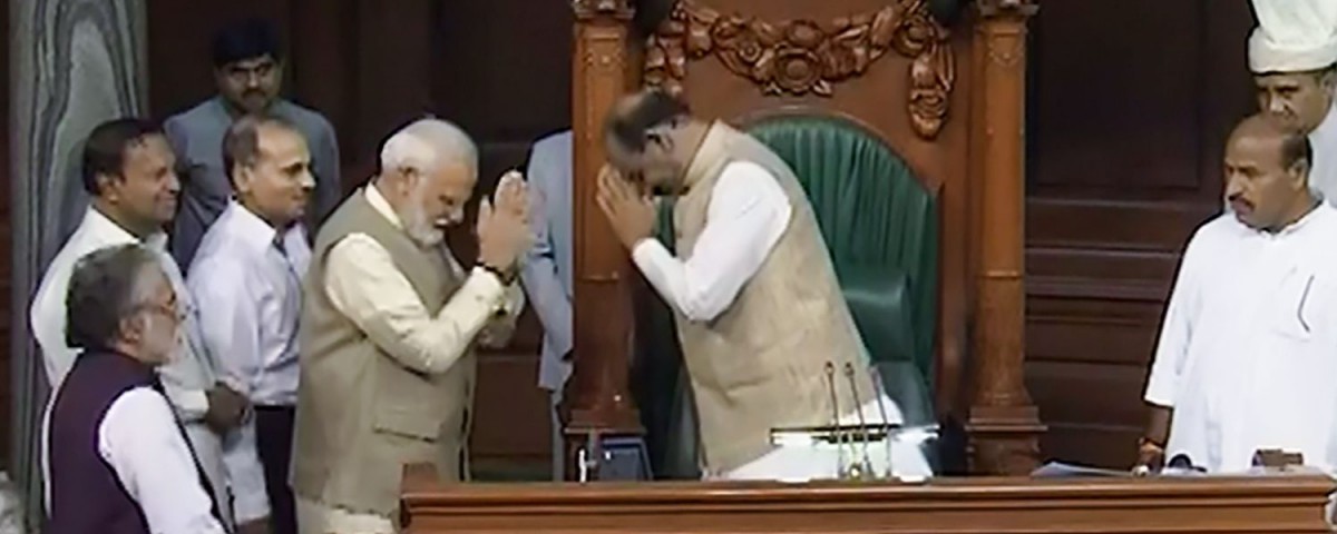 Prime Minister Narendra Modi greets BJP MP from Kota Om Birla after he was elected as the Speaker of the 17th Lok Sabha on Wednesday, June 19. Photo: LSTV Grab/PTI