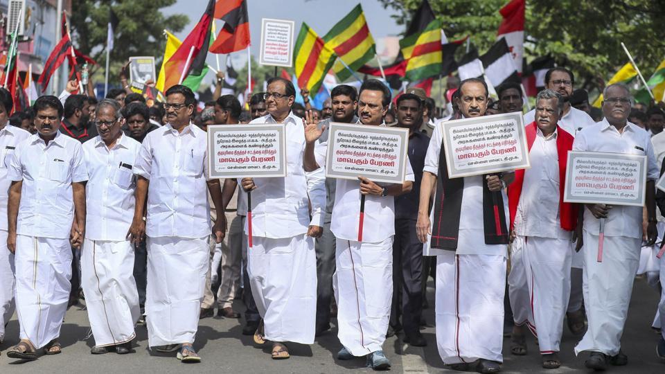 DMK president MK Stalin, senior Congress leader P Chidambaram in a protest march against the Citizenship Act (CAA), in Chennai on Dec. 23, 2019. Photo: PTI
