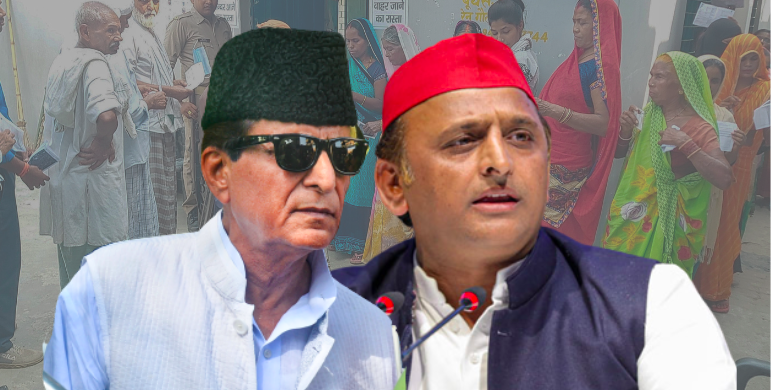 Azam Khan and Akhilesh Yadav. In the background are voters queuing to vote in the Rampur bypoll. Photos: PTI