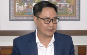 Kiren Rijiju speaking to media on the protest by the Opposition in parliament.