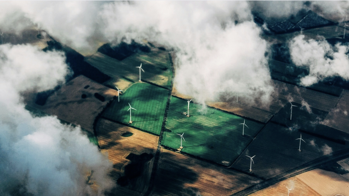 A green field with wind turbines representing renewable energy.