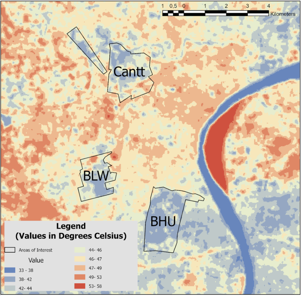 Land Surface Temperature in Varanasi on June 6th, 2023. Visualisation by Dominik Juling.