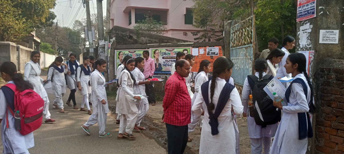 Girl students appearing for higher secondary exam at Bankura Kenduadihi Girls High School.