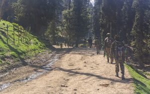 Security personnel during a search operation at Baisaran area of Pahalgam to nab attackers of the Pahalgam terror attack, in Anantnag district, Jammu and Kashmir, Wednesday, April 23, 2025. Photo: PTI.