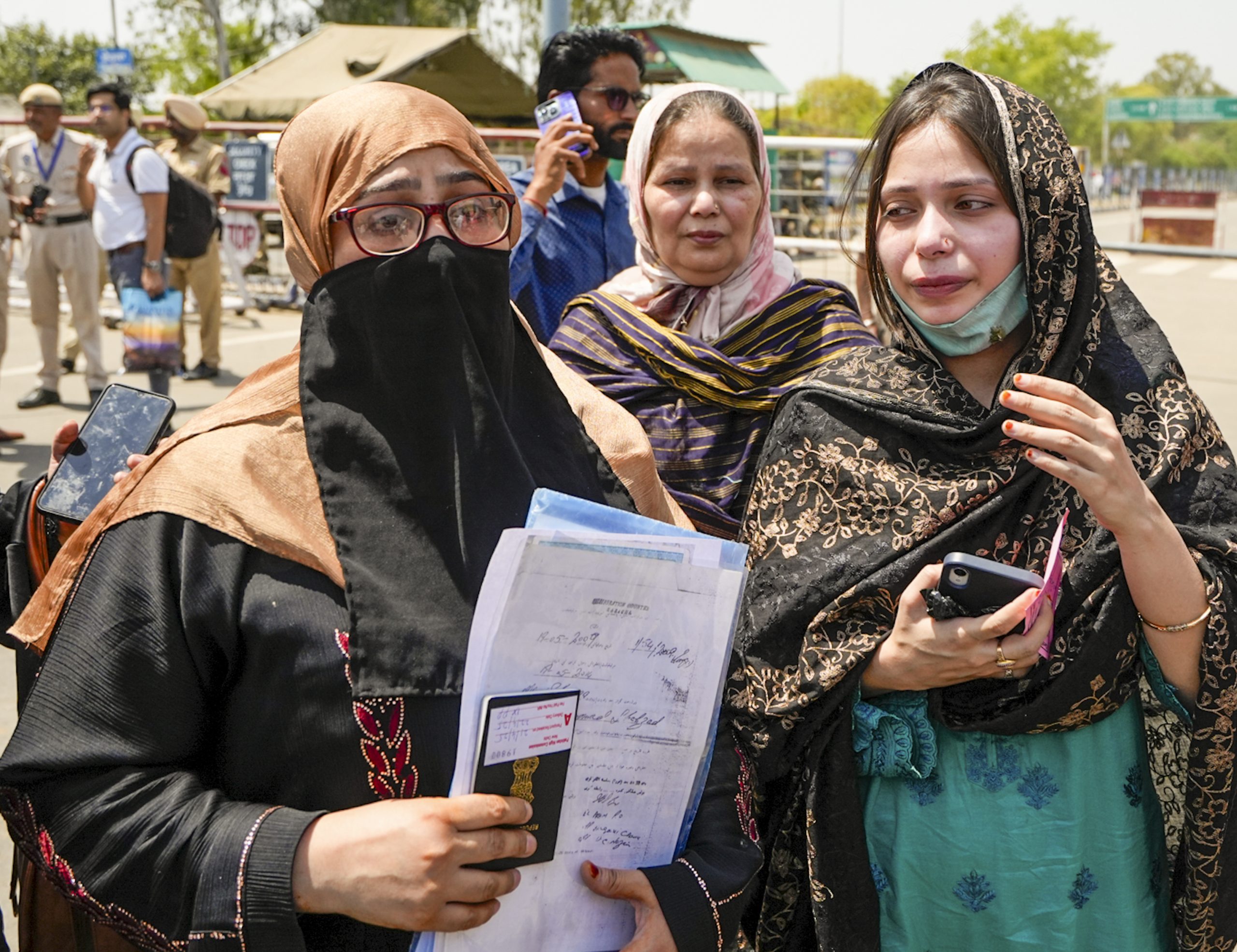 Amritsar: Women having Indian passports with Pakistan visa react emotionally after they were not allowed to go to Pakistan, at the Integrated Check Post at the Attari-Wagah border near Amritsar, Friday, April 25, 2025. India has announced the closure of the Attari border for all movement as part of heightened security measures following the Pahalgam terror attacks.