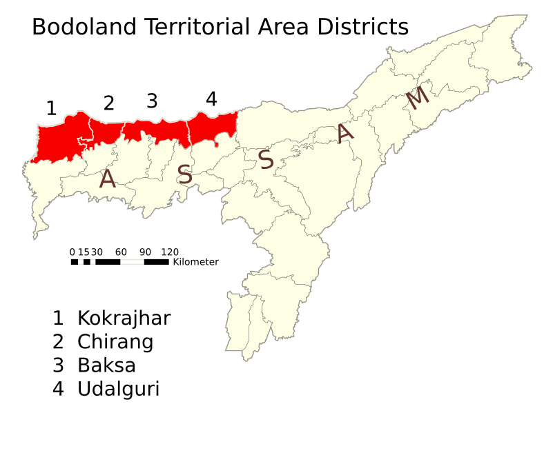 The Bodoland Territorial Region is highlighted within Assam.