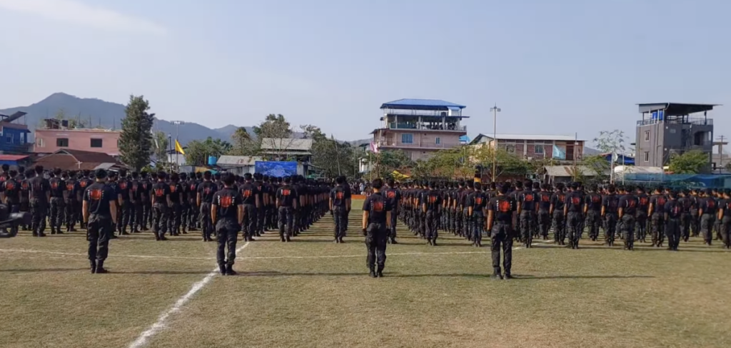 Members of the Arambai Tenggol at the football tournament closing ceremony. Photo: Video screengrab.
