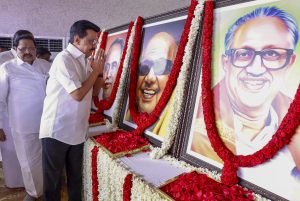 DMK President and Tamil Nadu Chief Minister M.K. Stalin pays tribute to his father and former M Karunanidhi as he arrives to participate in the party's General Body meeting in Madurai, Sunday, June 1, 2025. Photo: PTI