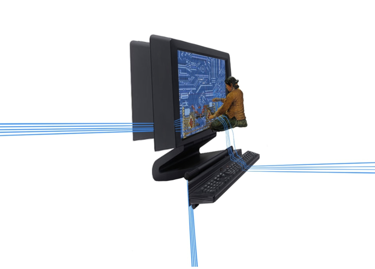 Digital collage featuring a computer monitor with circuit board patterns on the screen. A Navajo woman is seated on the edge of the screen, appearing to stitch or fix the digital landscape with their hands. Blue digital cables extend from the monitor, keyboard, and floor, connecting the image elements.
