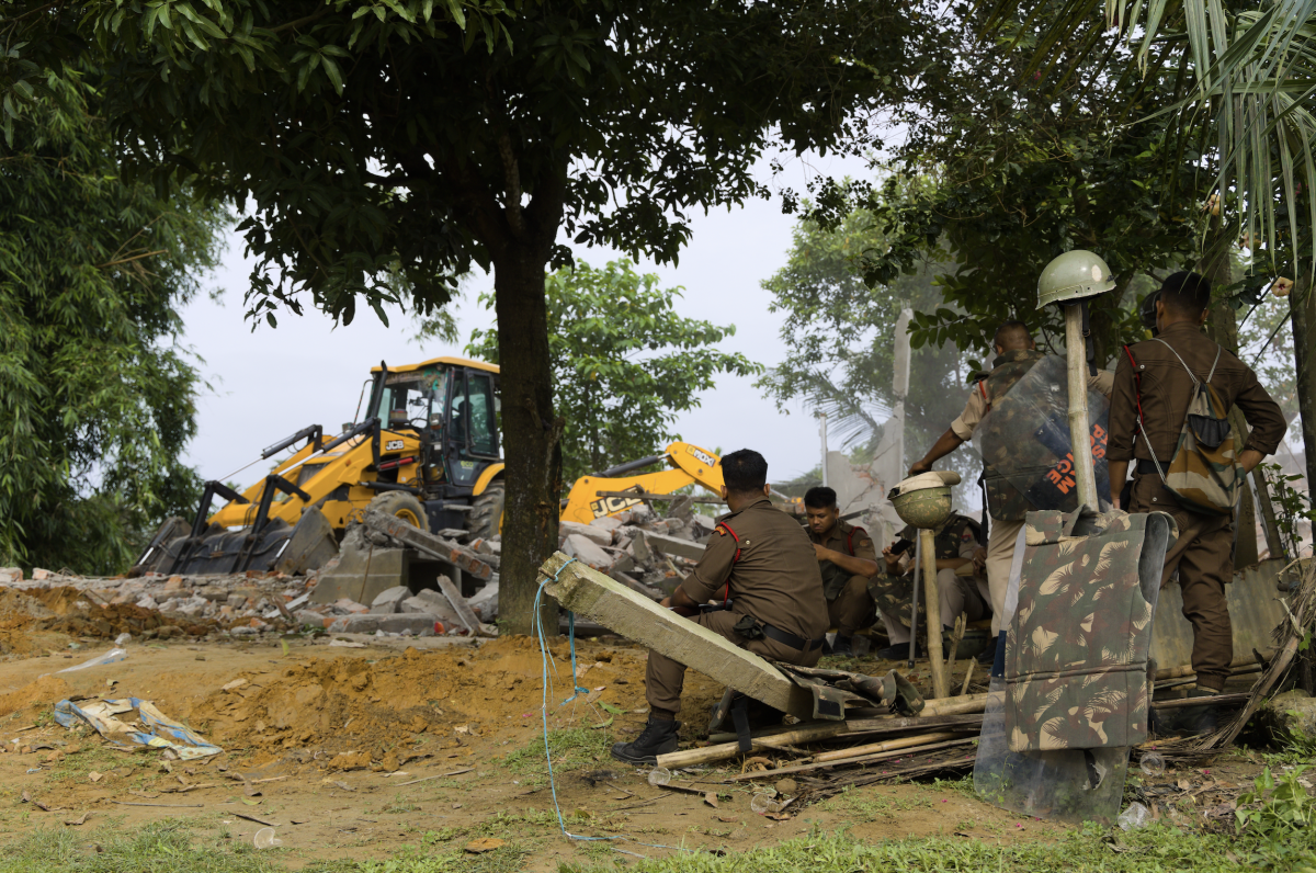 A bulldozer in Hasila Beel in Assam's Goalpara district where an eviction drive took place on June 16.